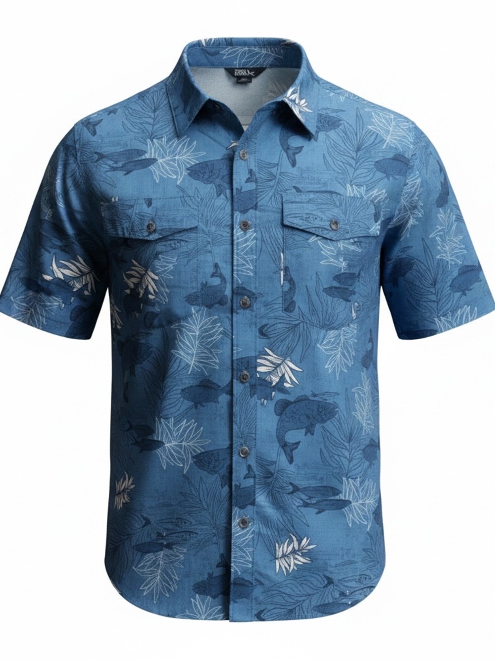 NWT Men's Short-Sleeve Blue Printed Button-Up Shirt Fishing